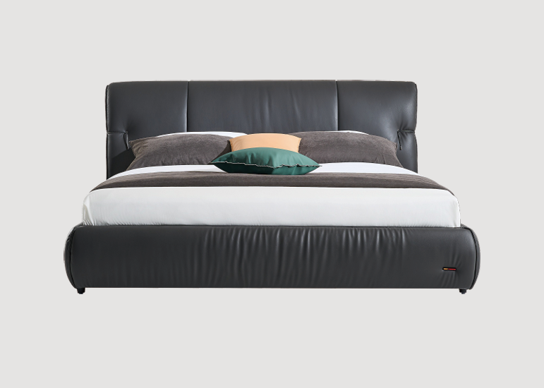 Modern King Size Bed & Nightstand Set - Black Leather Upholstered Bedroom Furniture