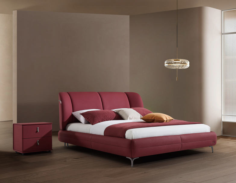 Modern Queen Size Bed & Nightstand Set - Burgundy Upholstered Bedroom Furniture