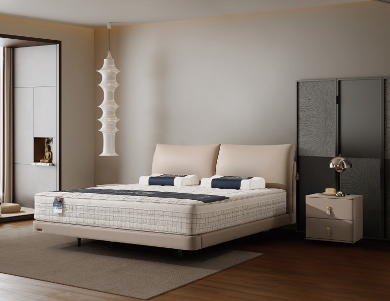 Modern Queen Size Bed & Nightstand Set - Light Beige Upholstered Bedroom Furniture