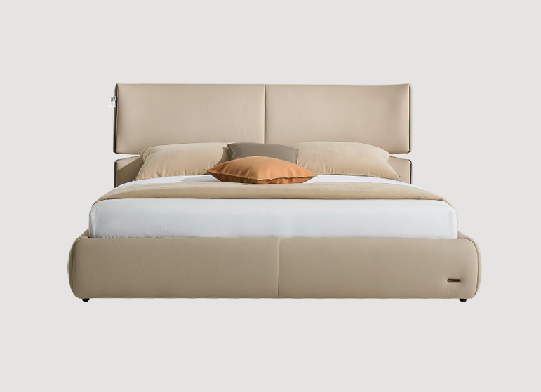 Modern Queen Size Bed & Nightstand Set - Beige Leather Upholstered Bedroom Furniture