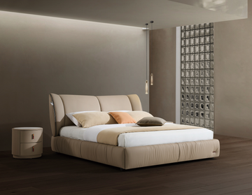 Modern Queen Size Bed & Nightstand Set - Beige Upholstered Bedroom Furniture