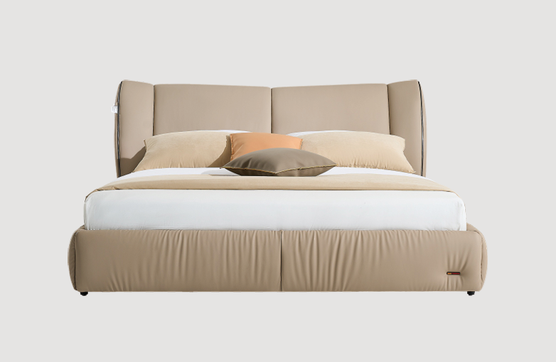 Modern Queen Size Bed & Nightstand Set - Beige Upholstered Bedroom Furniture