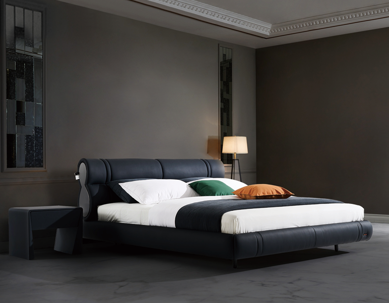 Modern Queen Size Bed & Nightstand Set - Black Leather Upholstered Bedroom Furniture