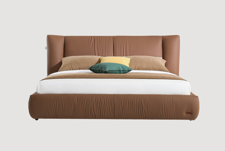 Modern Queen Size Bed & Nightstand Set - Brown Leather Upholstered Bedroom Furniture