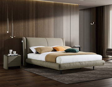 Modern Queen Size Bed & Nightstand Set - Neutral Upholstered Bedroom Furniture