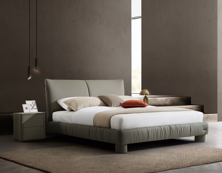 Modern Queen Size Bed & Nightstand Set - Neutral Upholstered Bedroom Furniture