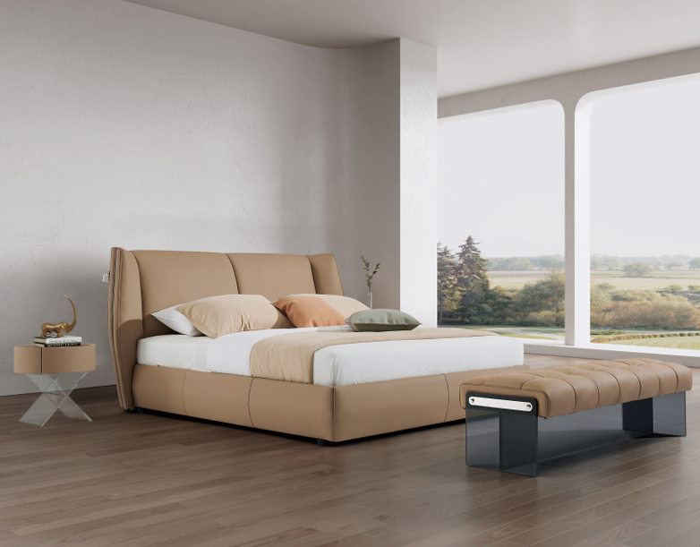Modern Queen Size Bed Set with Ottoman - Beige Leather Upholstered Bedroom Collection