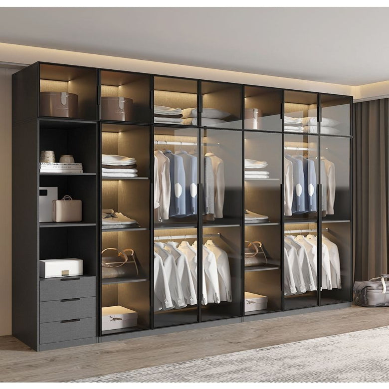 Light luxury wardrobe household bedroom solid wood small apartment wardrobe modern simple locker free installation glass cabinet