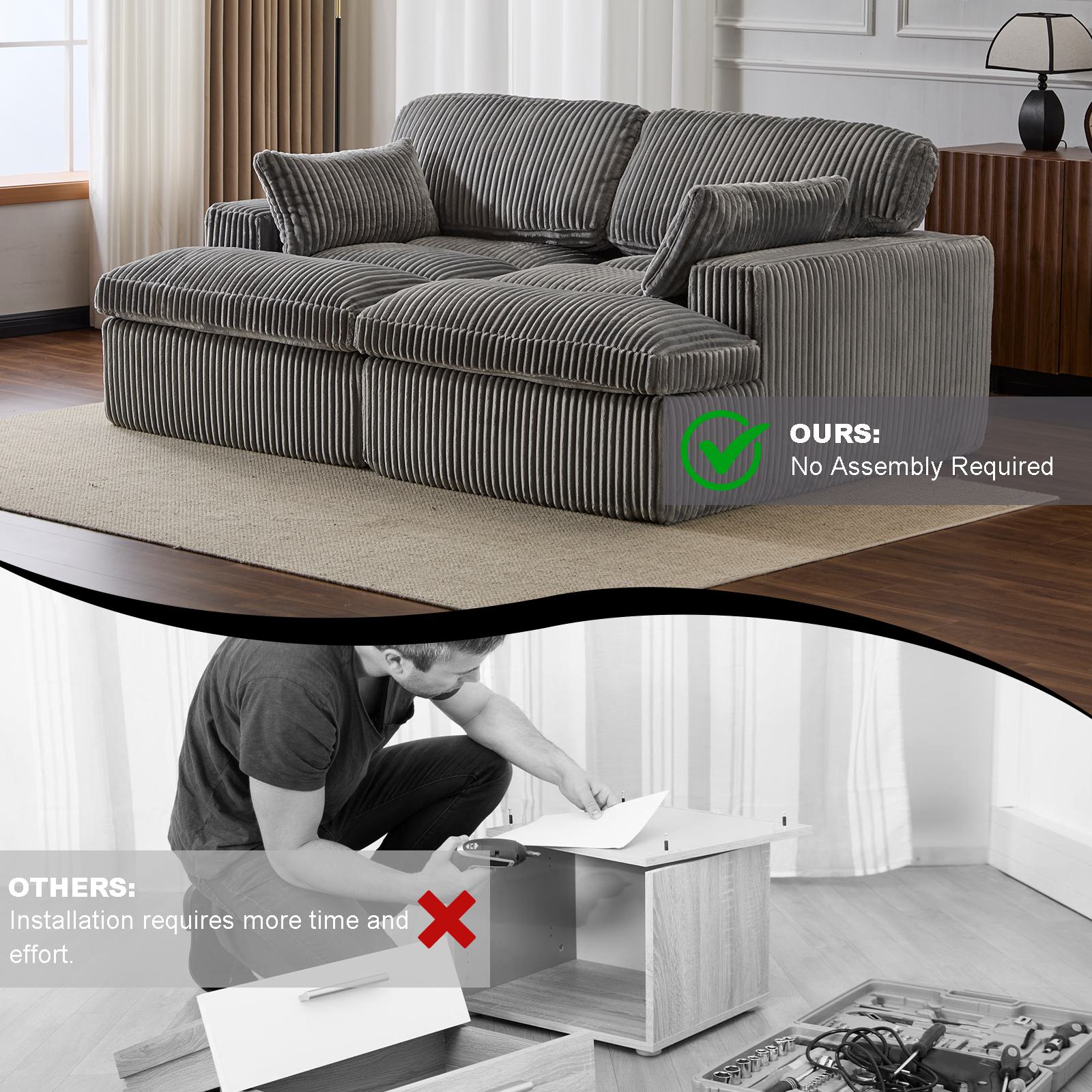 Deep Seat Sofa Double Chaise Lounge Chair with Corduroy Fabric, Compressed Sofa Sectional Loveseat for Apartments, 82.5'' L x 57'' W x 23.5'' H, Grey