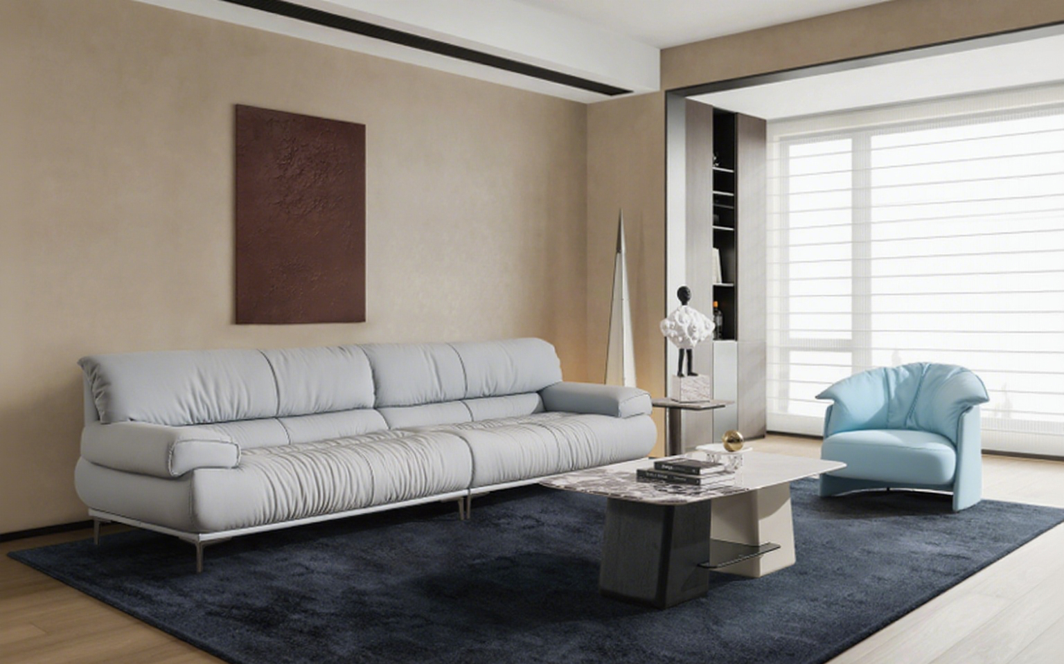 Modern Sofa and Armchair Set - Beige 3-Seater with Brown Accent Chair