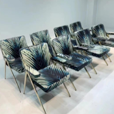 Geometric Armchair Majesty: Brushed Steel & Solid Wood with Indigo Fabric