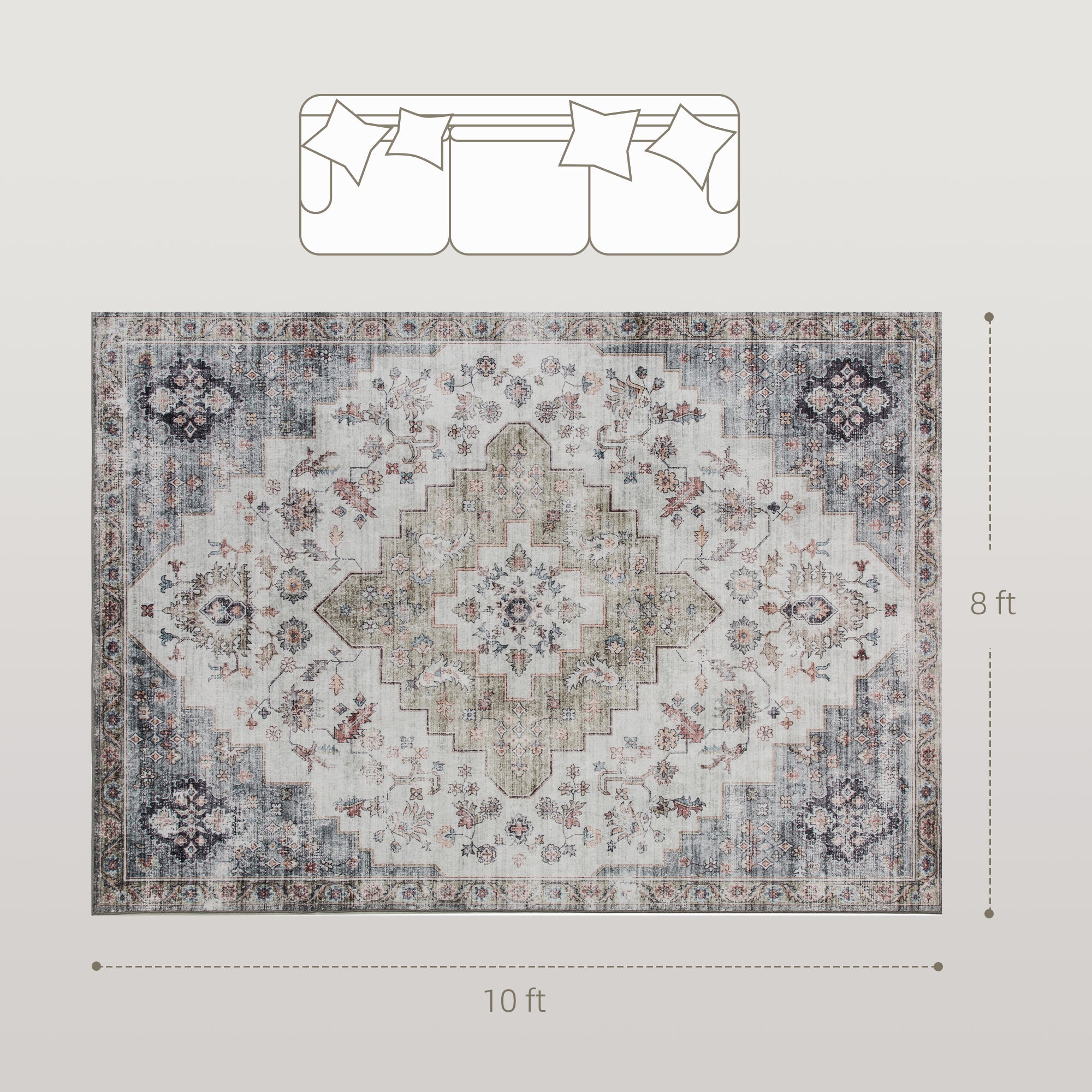 HOMCOM 8x10 Area Rug, Vintage Machine Washable Rug, Non-Slip Carpet for Living Room, Bedroom, Dining Room, Brown and Green