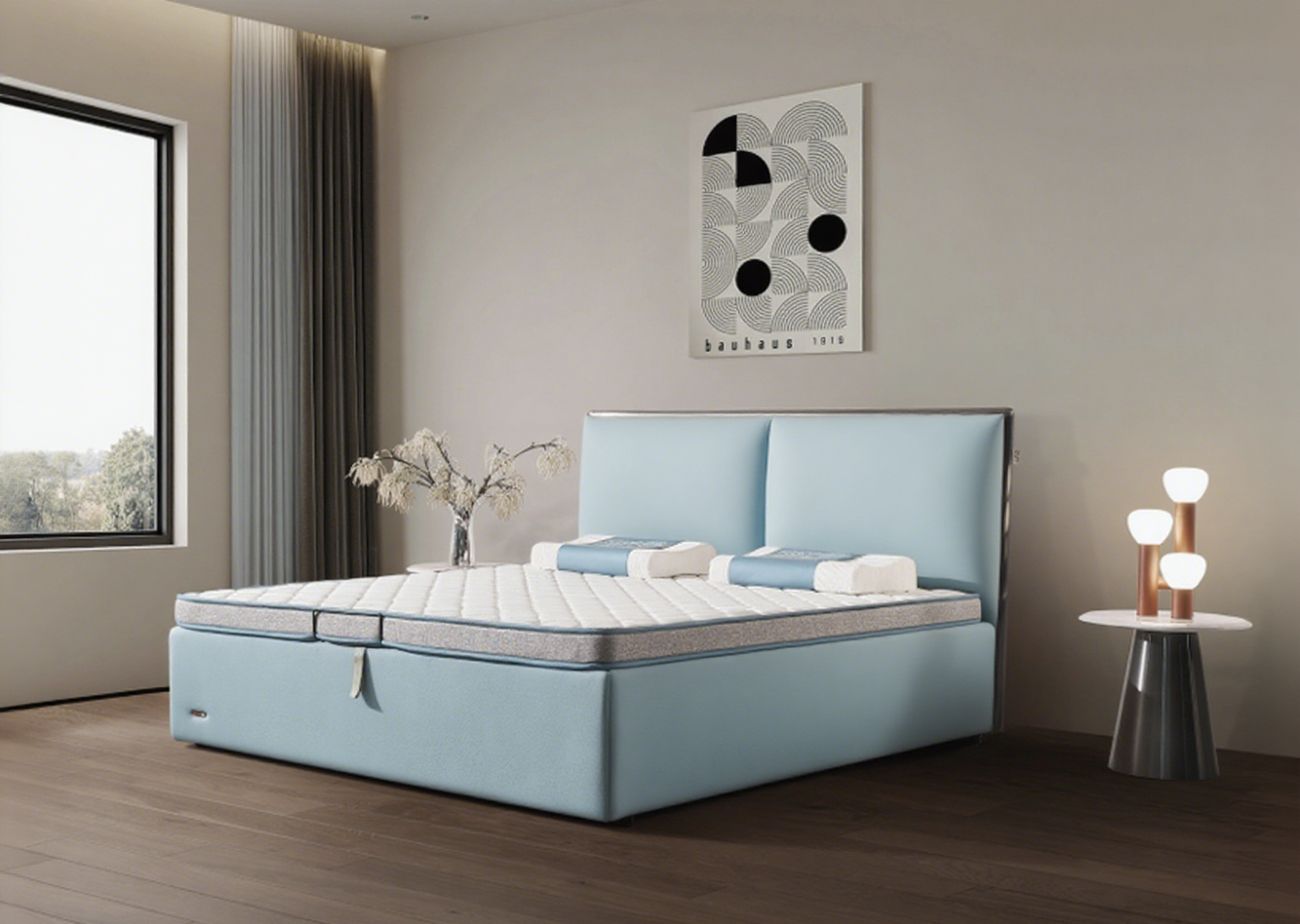 Modern Queen Size Bed & Nightstand Set - Upholstered Headboard with Storage Drawer