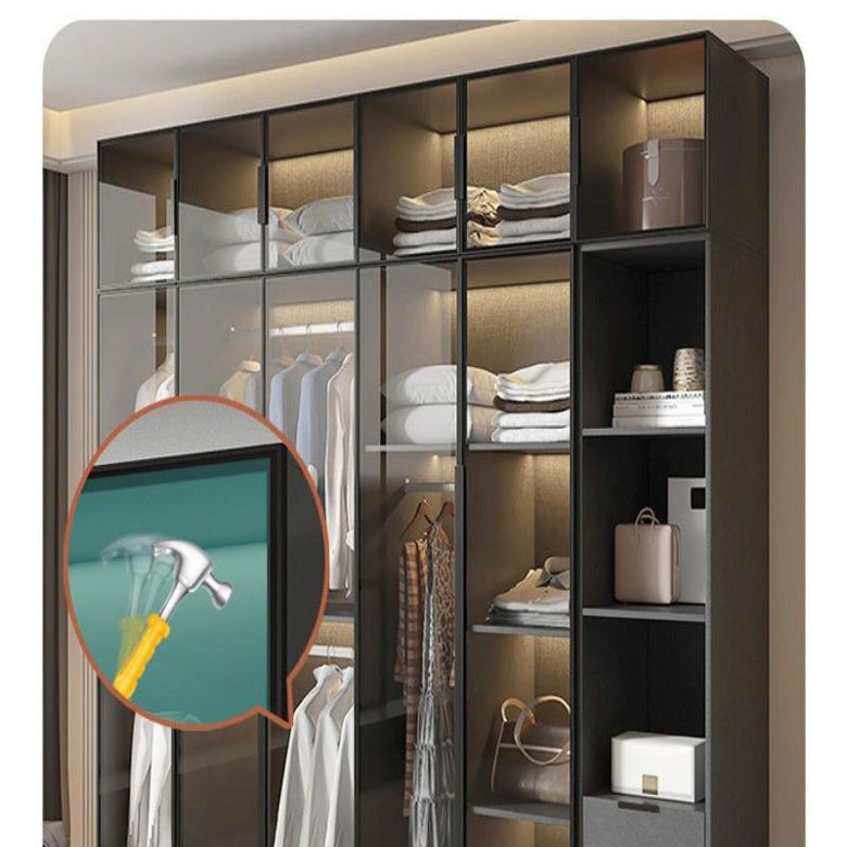 Light luxury wardrobe household bedroom solid wood small apartment wardrobe modern simple locker free installation glass cabinet