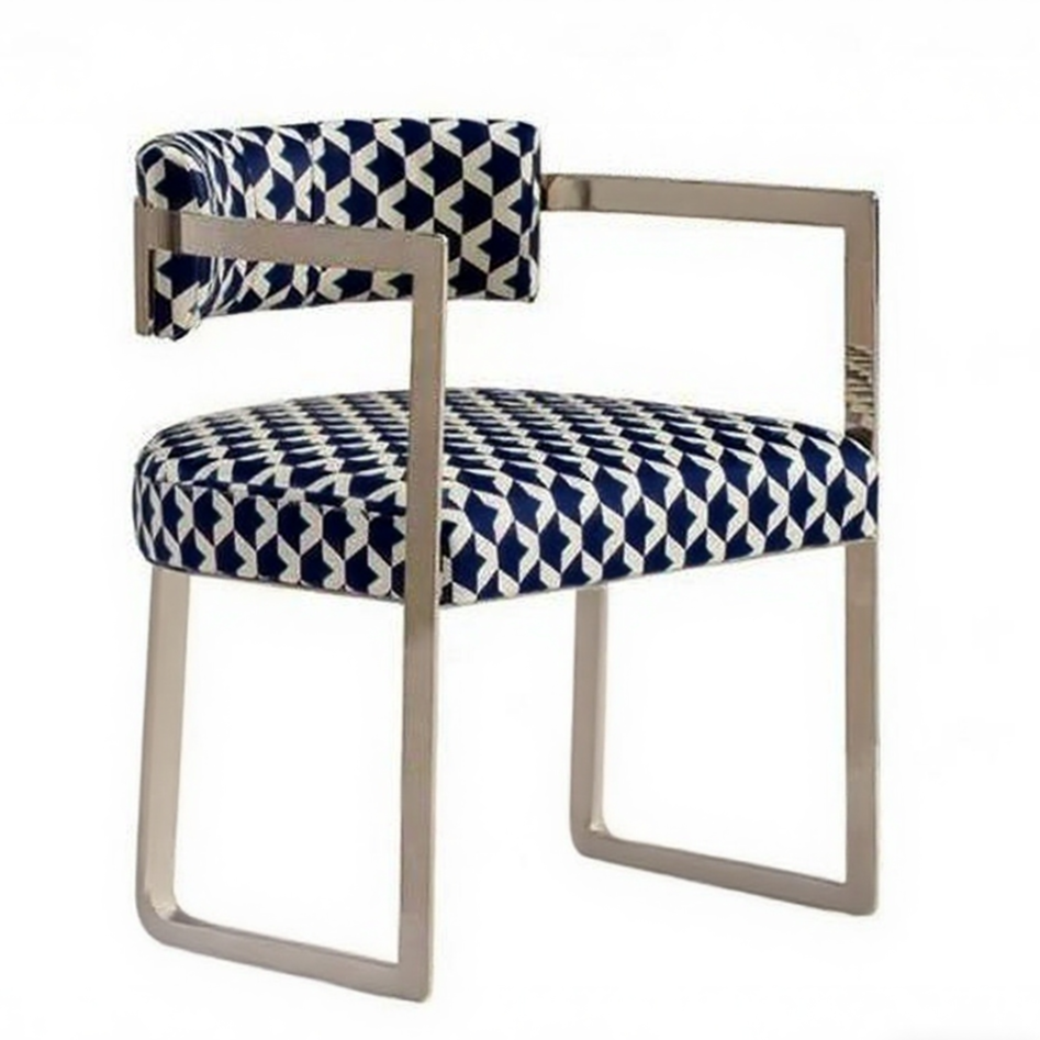 Modern Geometric Armchair - Stainless Steel Frame & Blue Pattern Upholstery