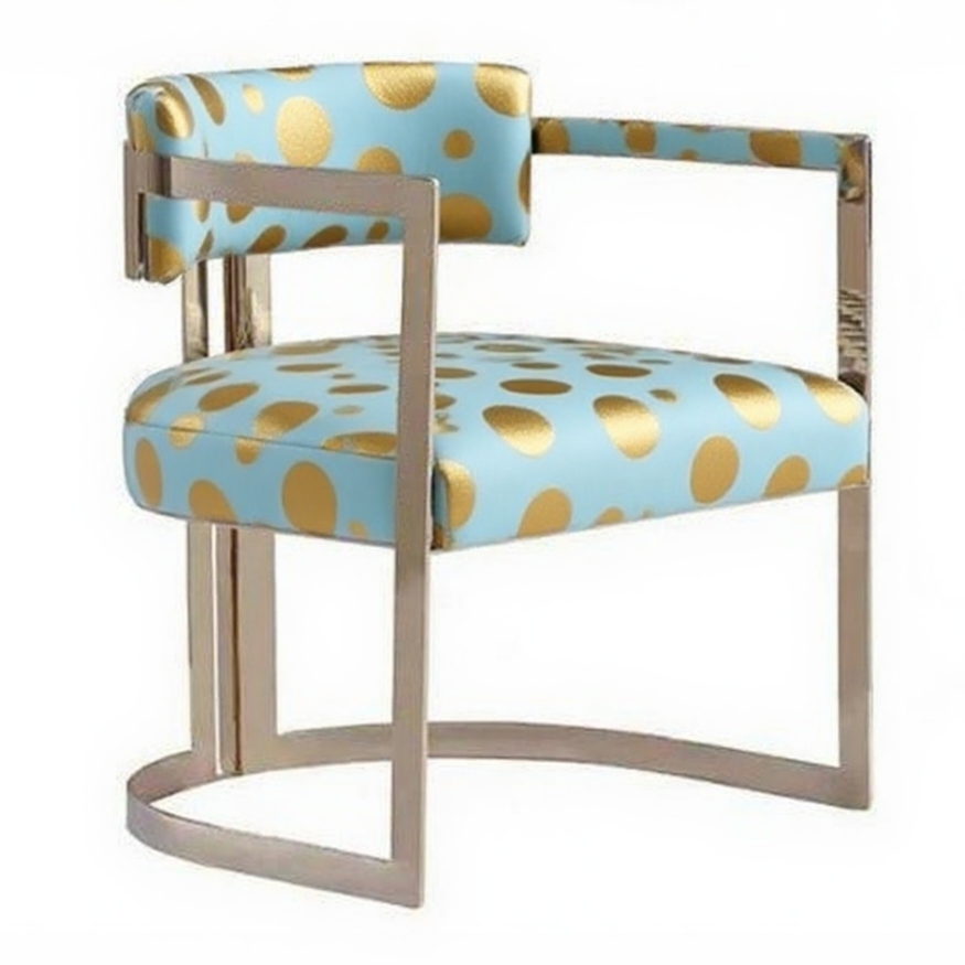 Modern Geometric Armchair - Stainless Steel Frame & Blue Pattern Upholstery