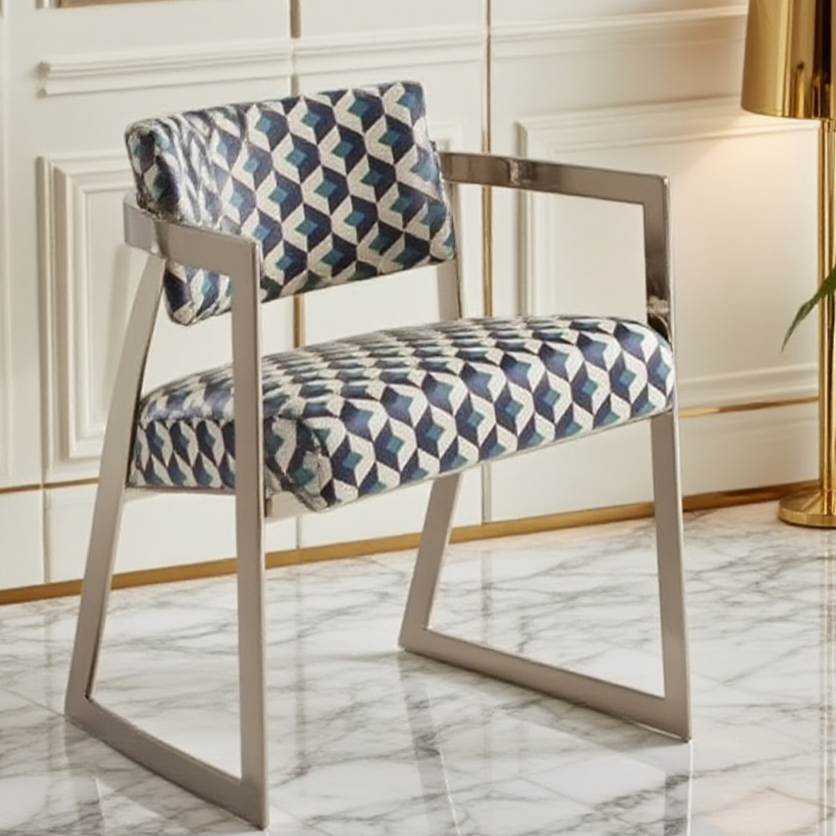 Modern Geometric Armchair - Stainless Steel Frame & Blue Pattern Upholstery