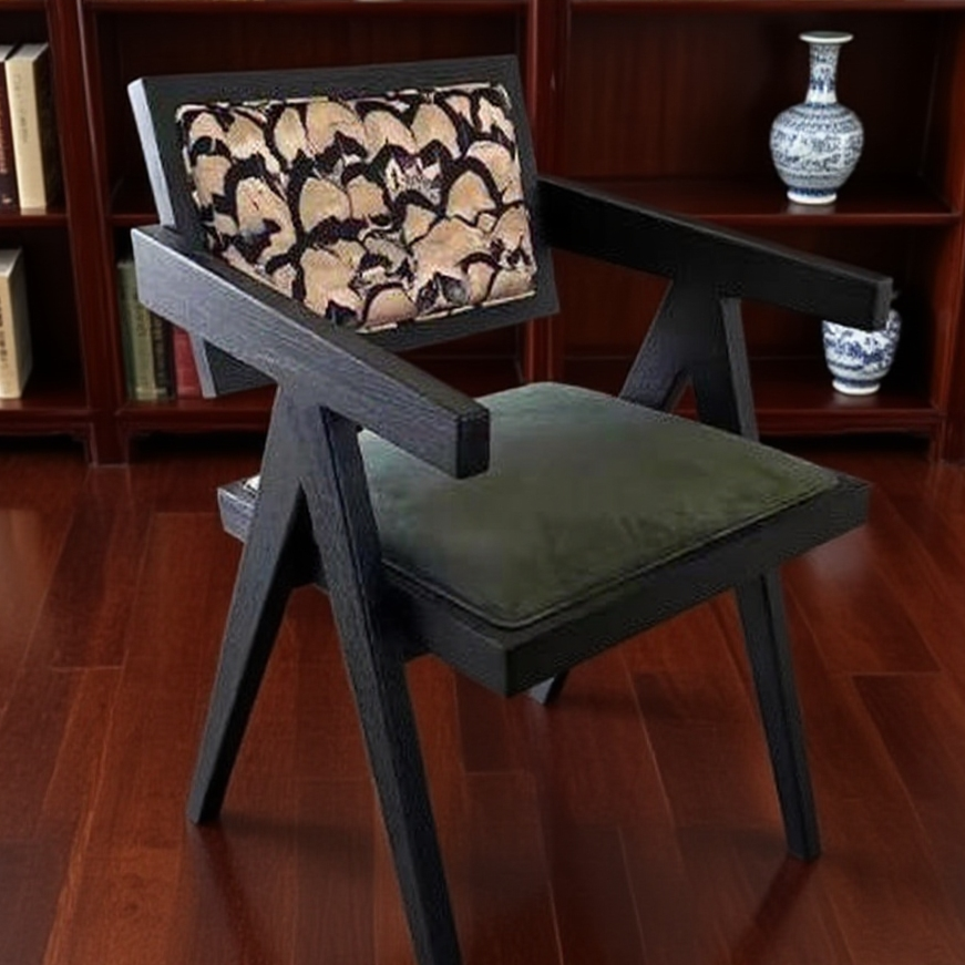 Artisan Wooden Armchair: Geometric Backrest & Eco-Cloth Upholstery