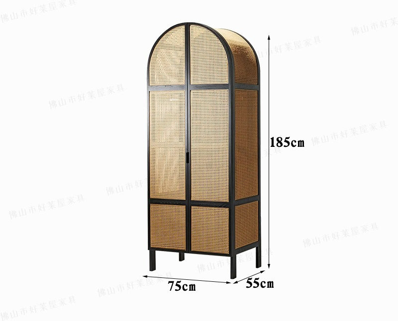 Solid wood rattan wardrobe simple household ash wood double door wardrobe Nordic bedroom storage cabinet locker