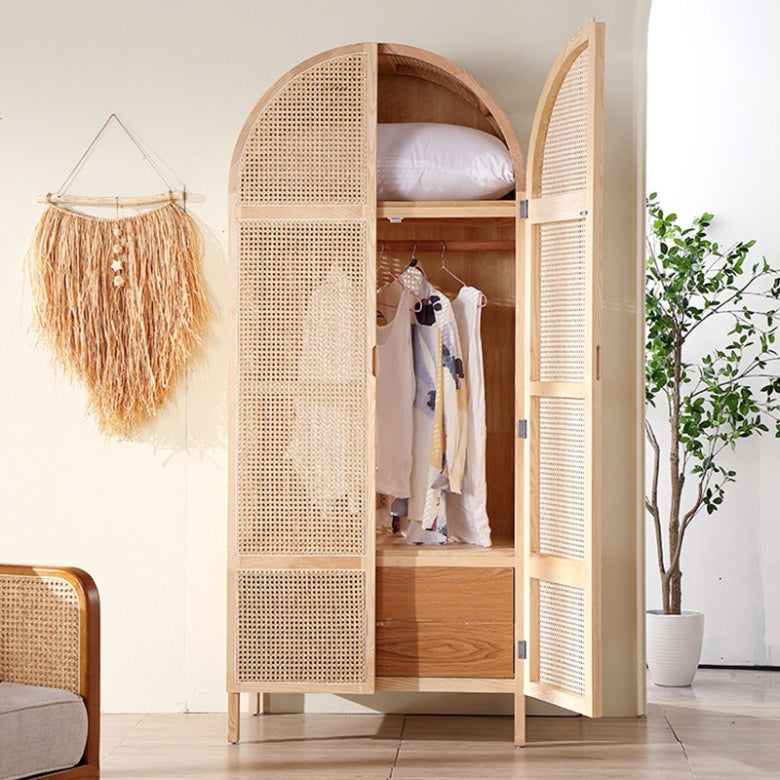 Solid wood rattan wardrobe simple household ash wood double door wardrobe Nordic bedroom storage cabinet locker