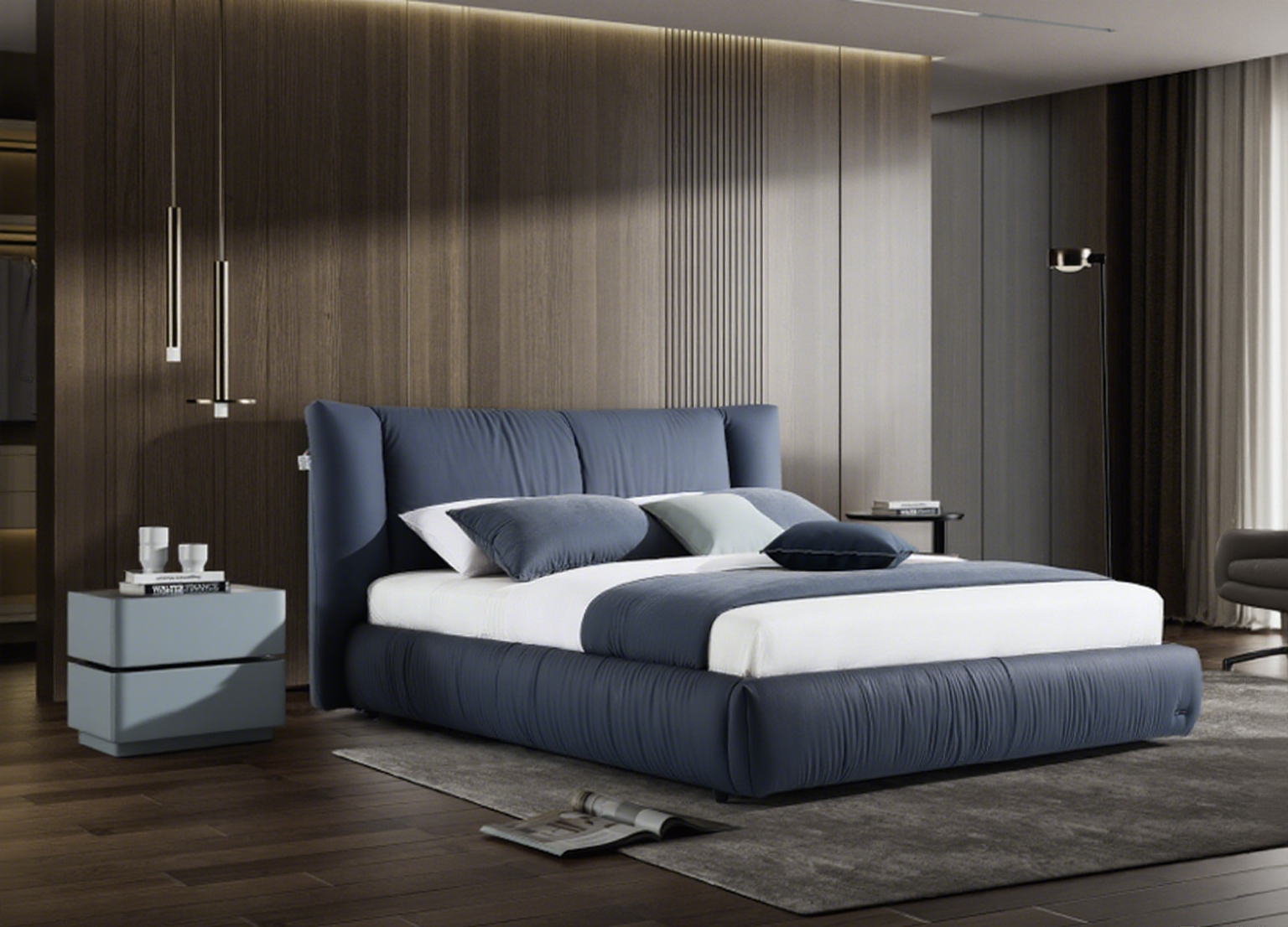 Modern Queen Size Bed & Nightstand Set - Brown Leather Upholstered Bedroom Furniture