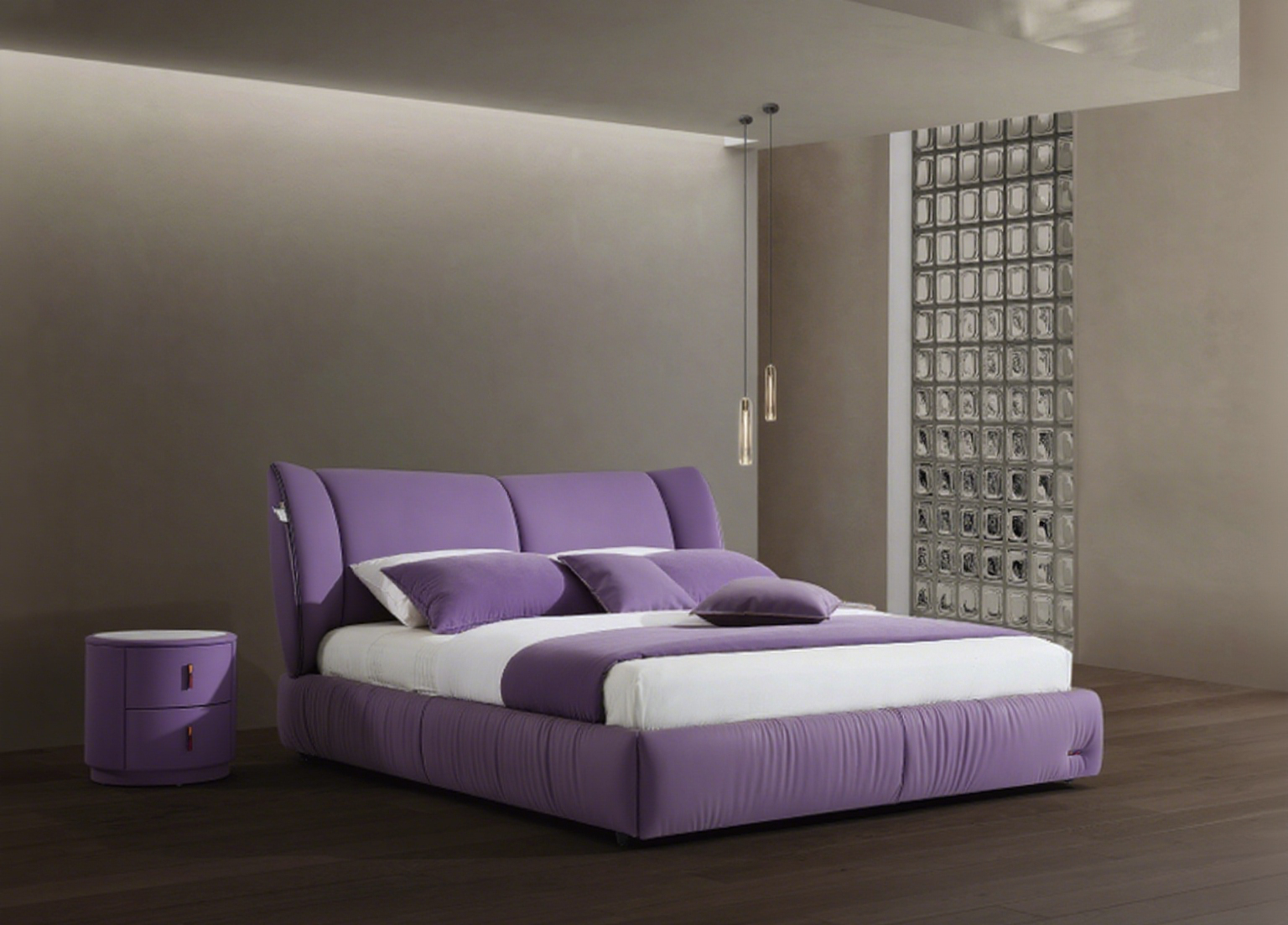 Modern Queen Size Bed & Nightstand Set - Beige Upholstered Bedroom Furniture