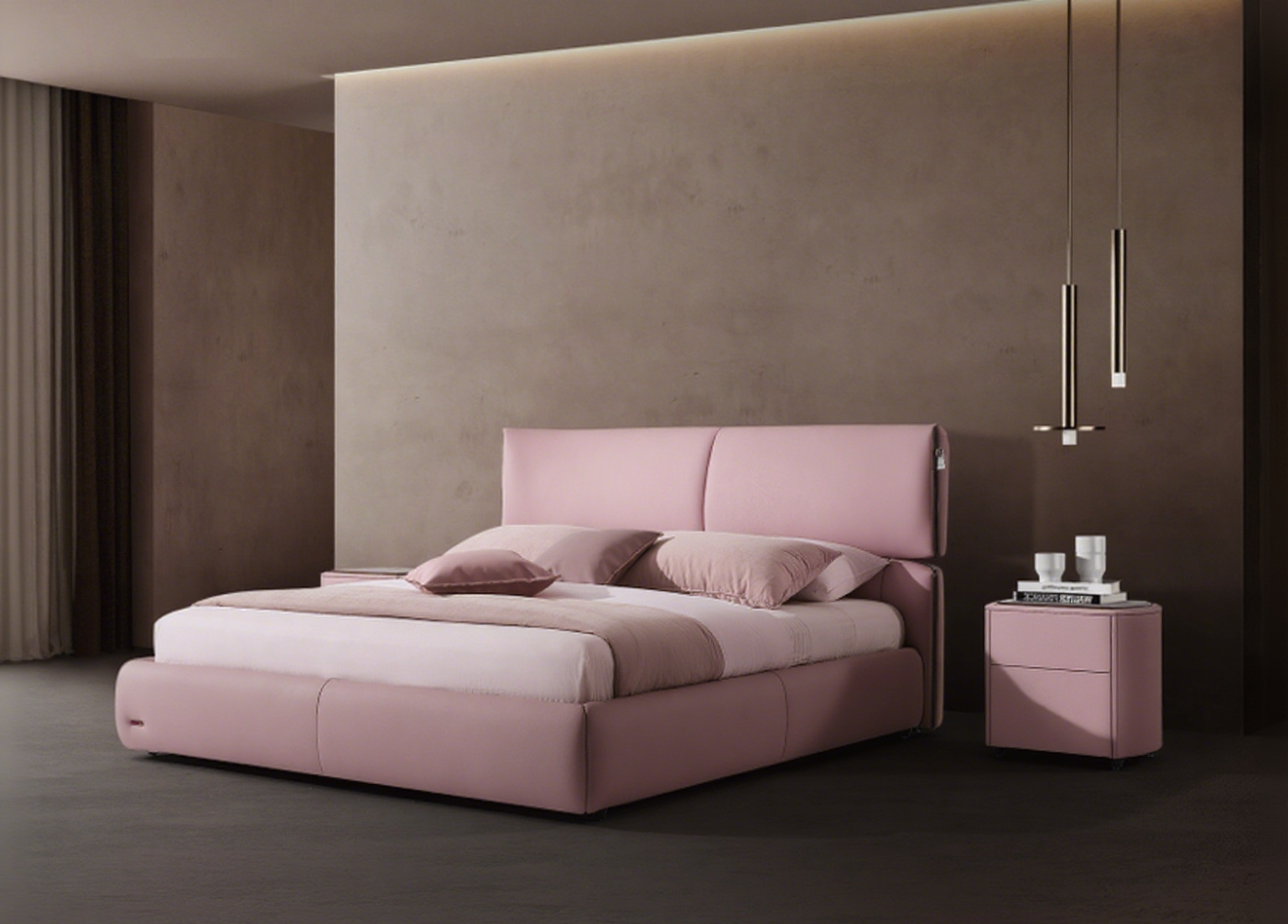 Modern Queen Size Bed & Nightstand Set - Beige Leather Upholstered Bedroom Furniture