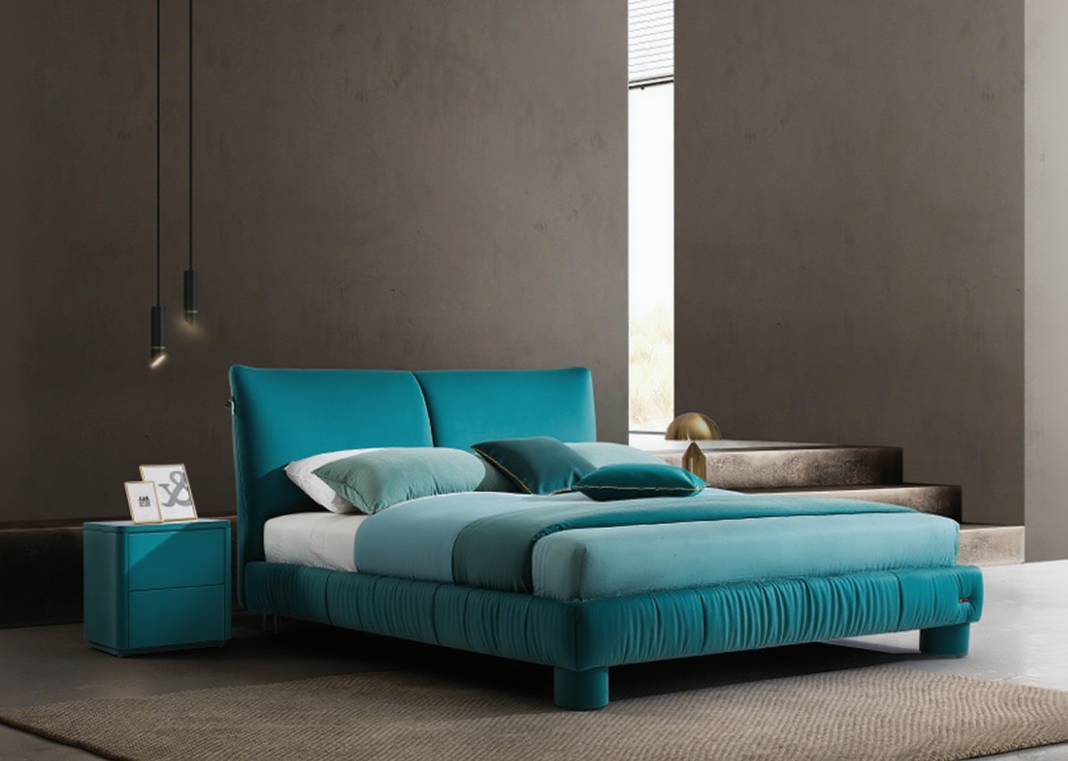Modern Queen Size Bed & Nightstand Set - Neutral Upholstered Bedroom Furniture