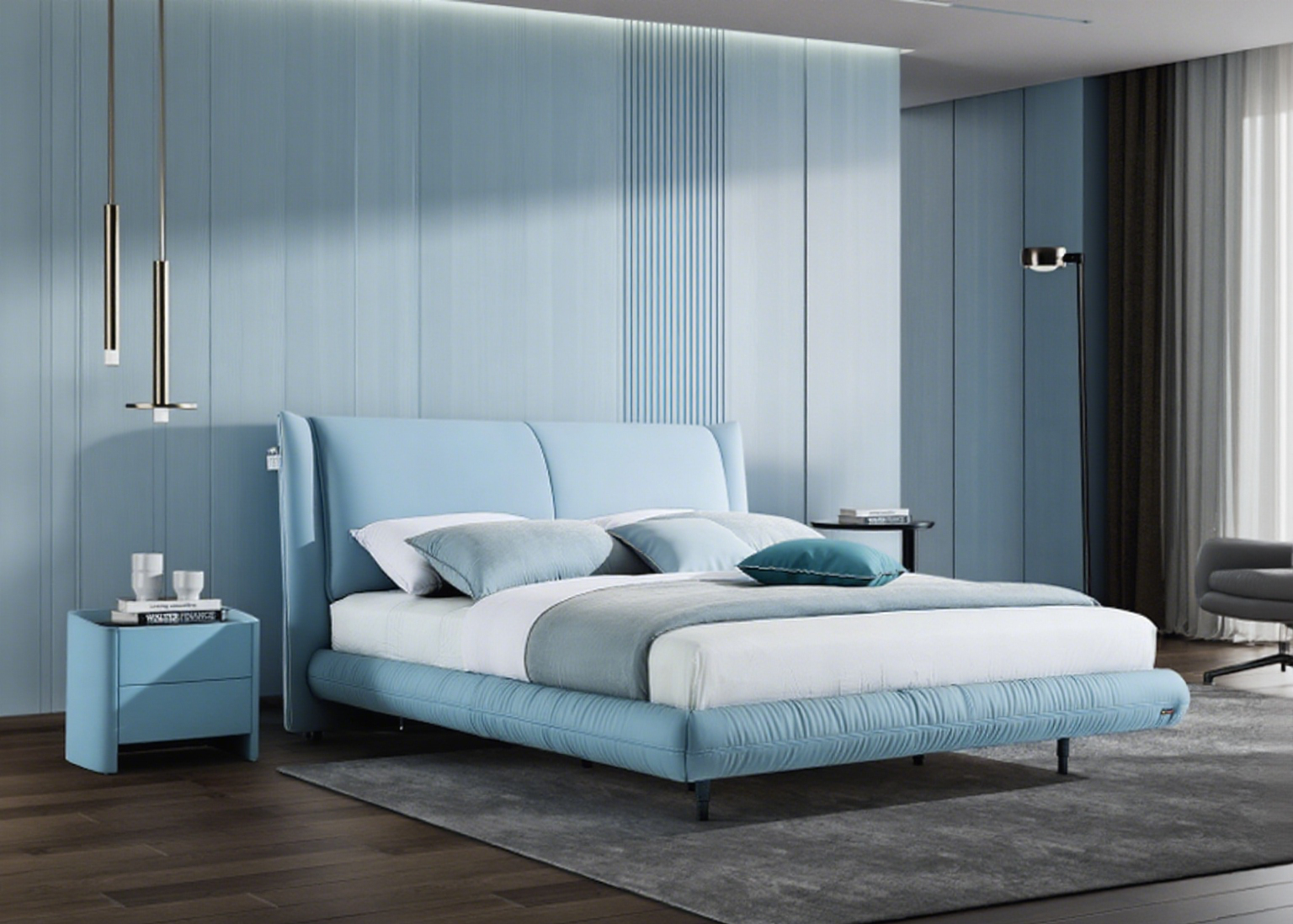 Modern Queen Size Bed & Nightstand Set - Neutral Upholstered Bedroom Furniture