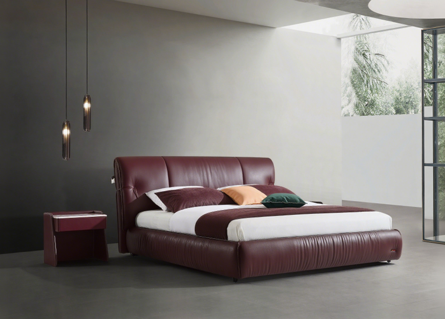 Modern King Size Bed & Nightstand Set - Black Leather Upholstered Bedroom Furniture