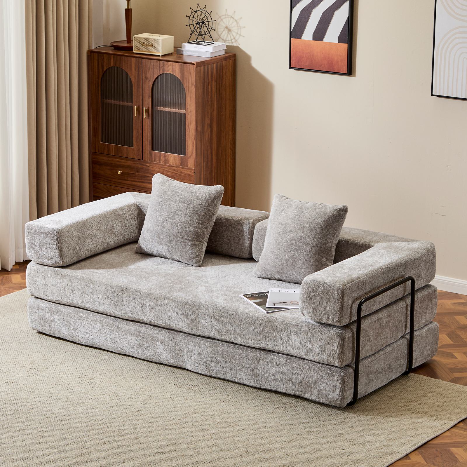 Foldable Sofa Bed Convertible Floor Sofa with Pillow Back Support and Armrest, Compressed Sofa Lounge Sleeper with Chenille Fabric, 77'' L x 37.5'' W x 23.5'' H, Light Blue