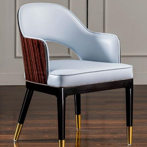 Modern Accent Armchair - Light Blue Leather with Gold-Tipped Steel Legs