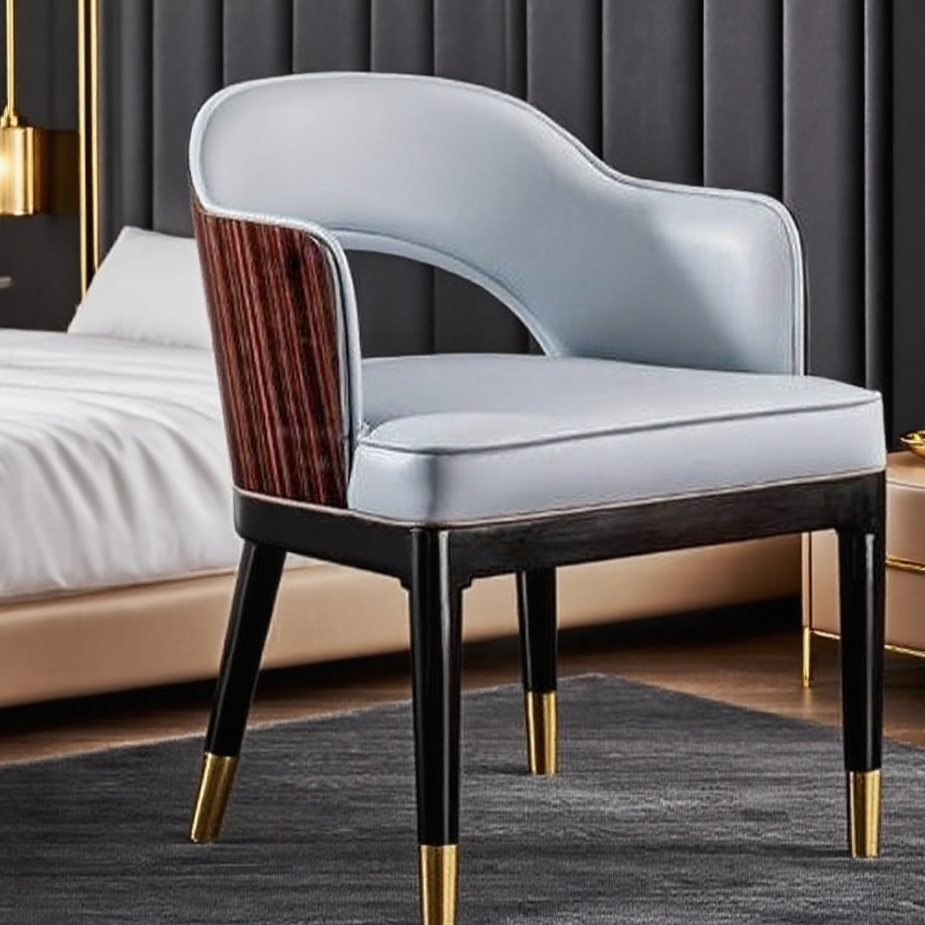 Modern Accent Armchair - Light Blue Leather with Gold-Tipped Steel Legs