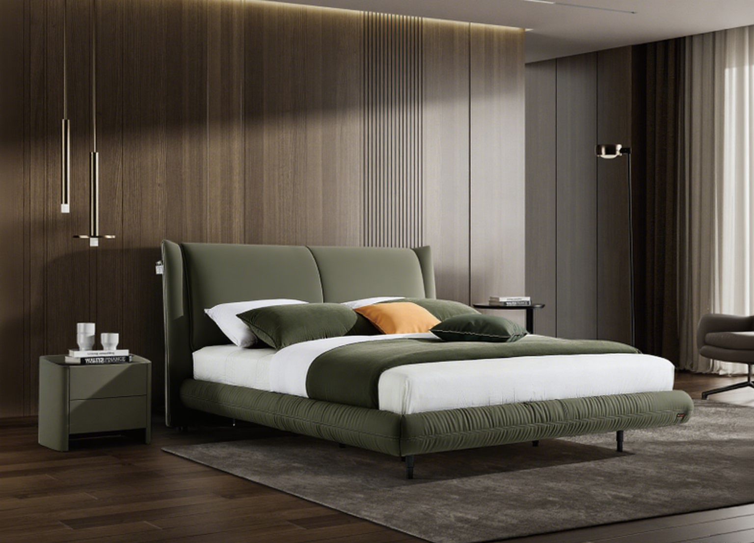 Modern Queen Size Bed & Nightstand Set - Neutral Upholstered Bedroom Furniture