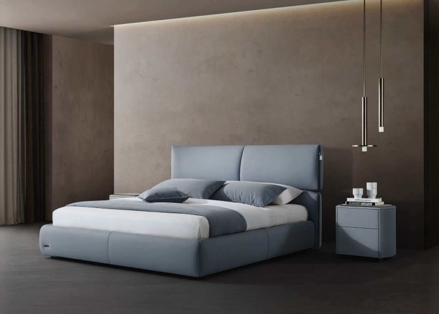 Modern Queen Size Bed & Nightstand Set - Beige Leather Upholstered Bedroom Furniture