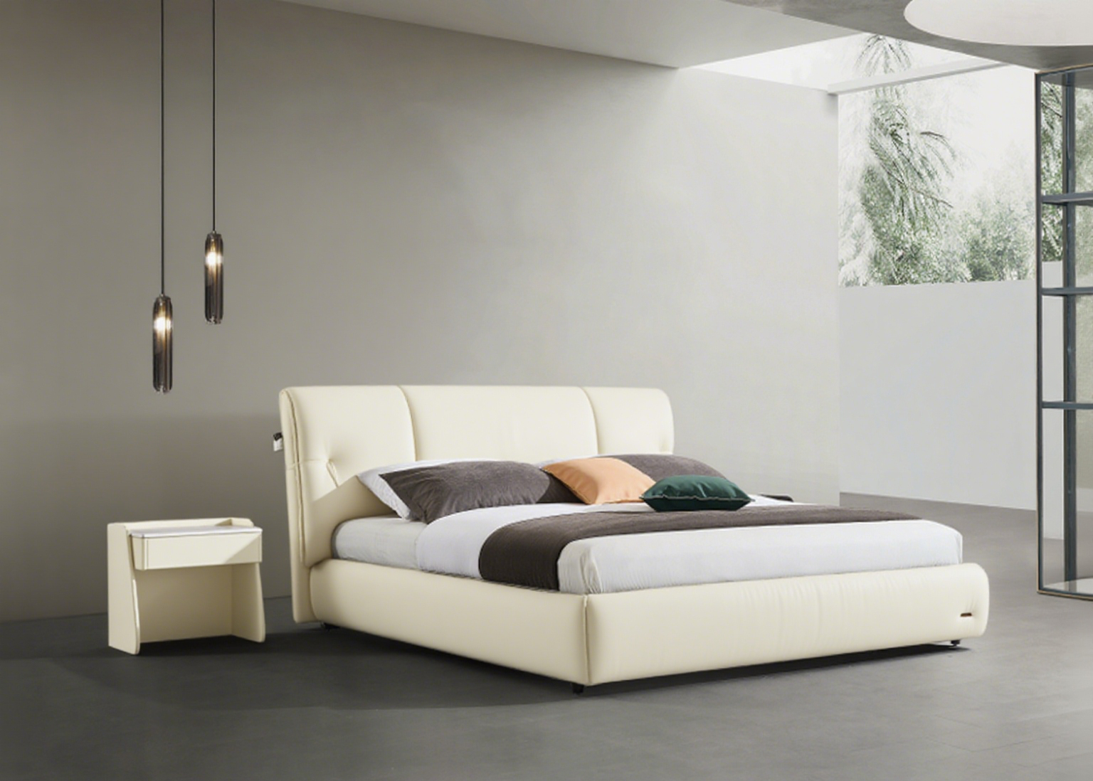 Modern King Size Bed & Nightstand Set - Black Leather Upholstered Bedroom Furniture