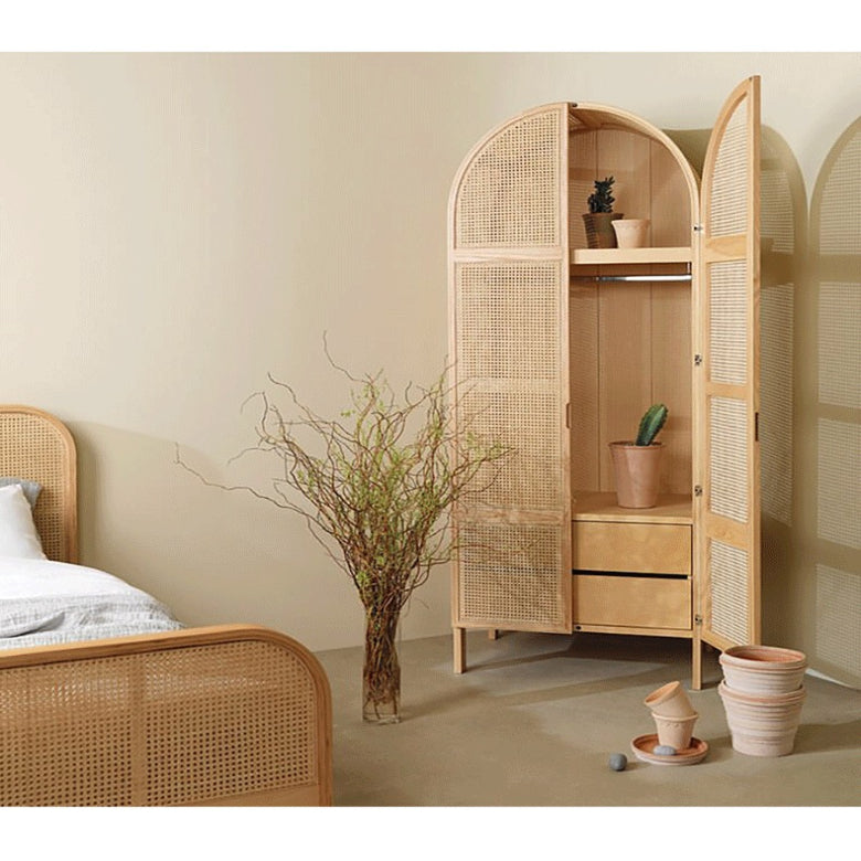 Solid wood rattan wardrobe simple household ash wood double door wardrobe Nordic bedroom storage cabinet locker