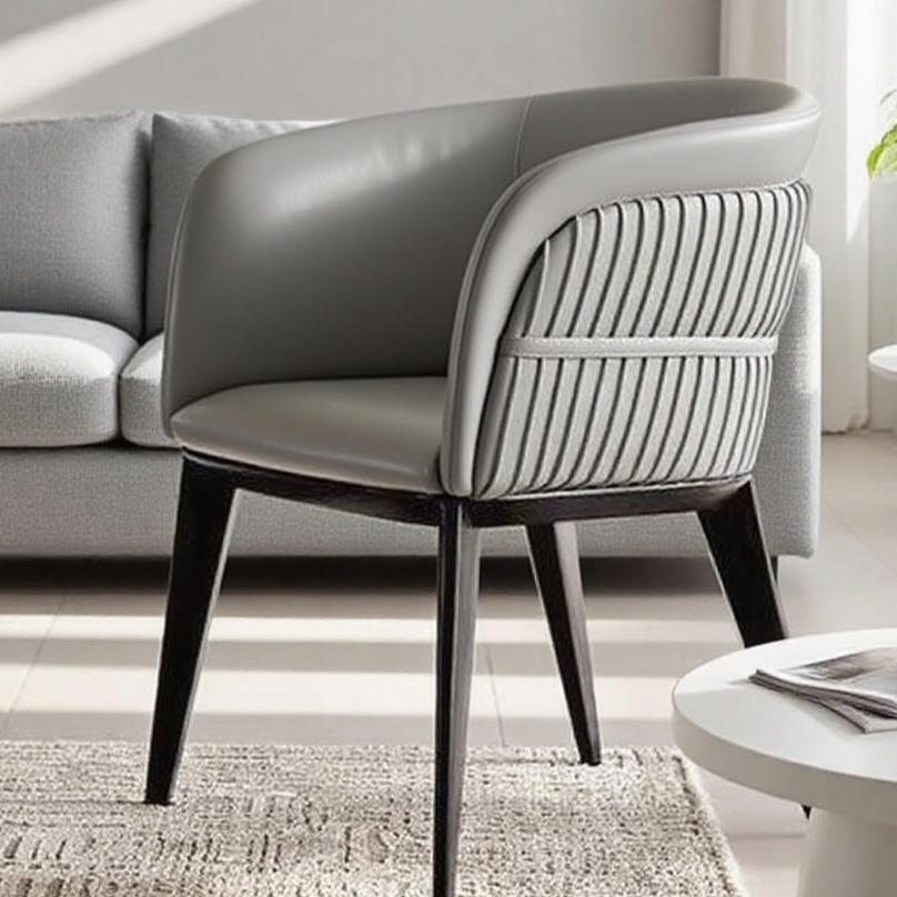 Modern Dining Armchair: Curved Leather & Blackened Wood Legs