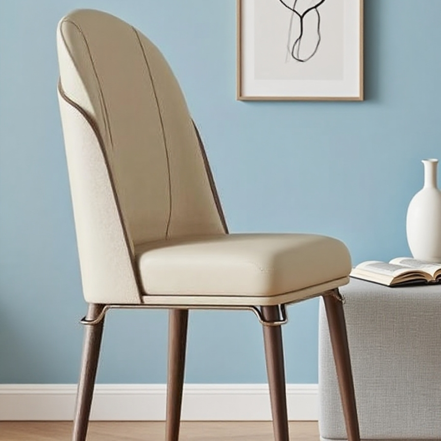 Classic Solid Wood Dining Chair: Cream Leather & Gold-Tipped Legs