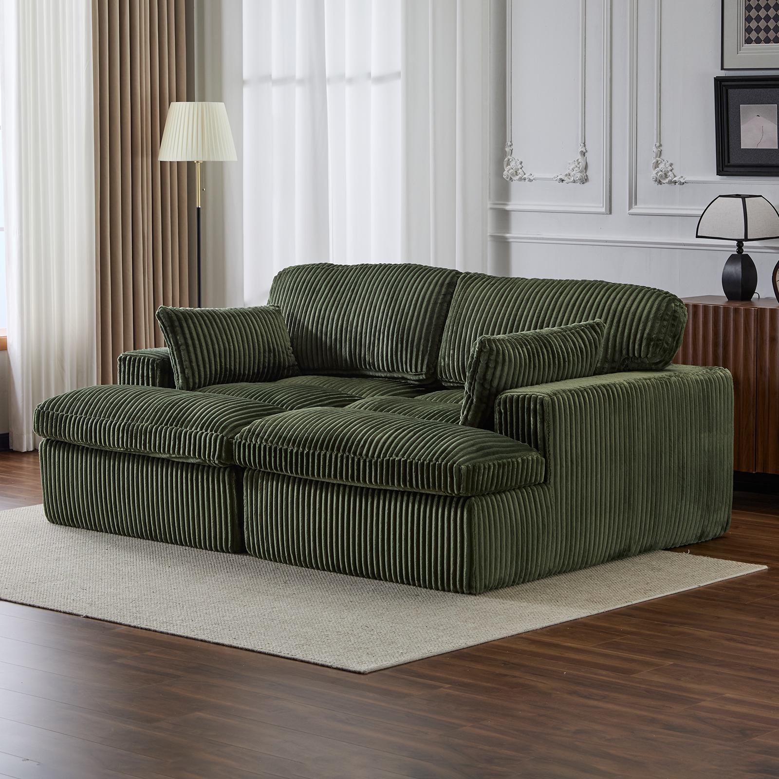 Deep Seat Sofa Double Chaise Lounge Chair with Corduroy Fabric, Compressed Sofa Sectional Loveseat for Apartments, 82.5'' L x 57'' W x 23.5'' H, Grey