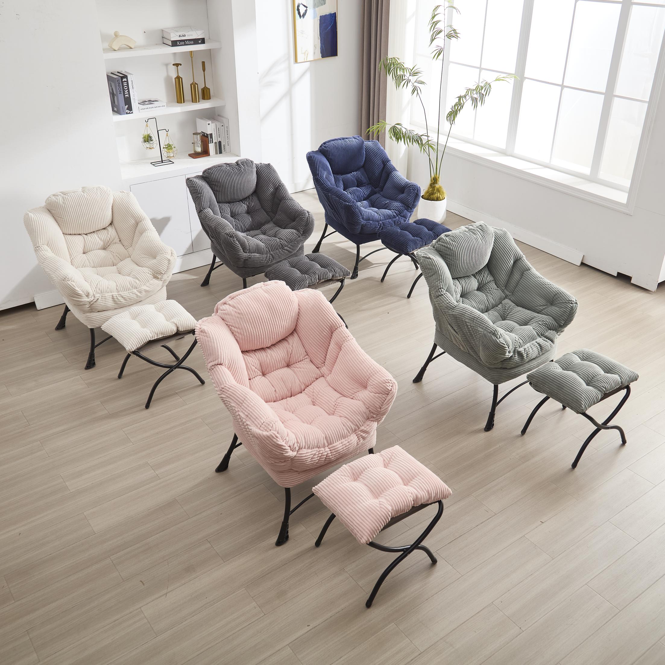 Modern Lazy Chair with Ottoman, Armrests, Side Pocket, Ergonomic Lounge Accent Chair with Steel Frame, 31.5" L x 25" W x 37.5" H, Navy Blue