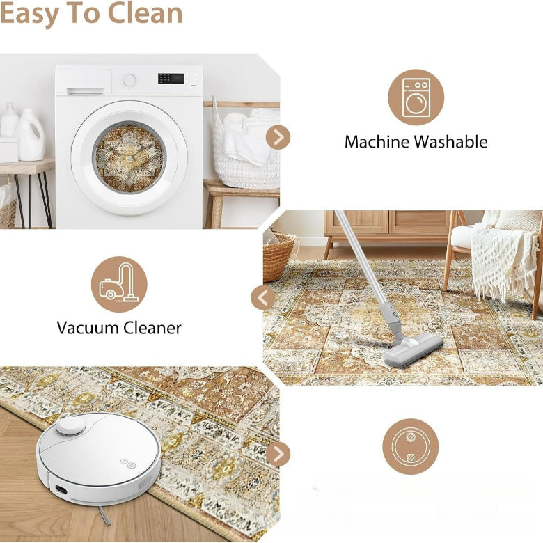 European and American abstract retro printing living room carpet, high penetration short hair foldable washed non-slip floor mat bedroom bed