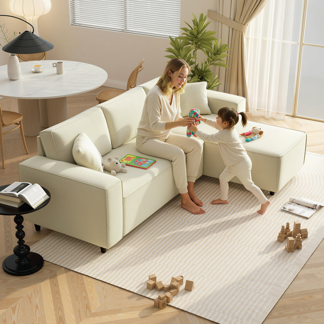 HOMCOM Corner Sofa with Reversible Chaise Lounge, Corduroy L-Shaped Sectional Sofa with Pocket Spring, Cream White