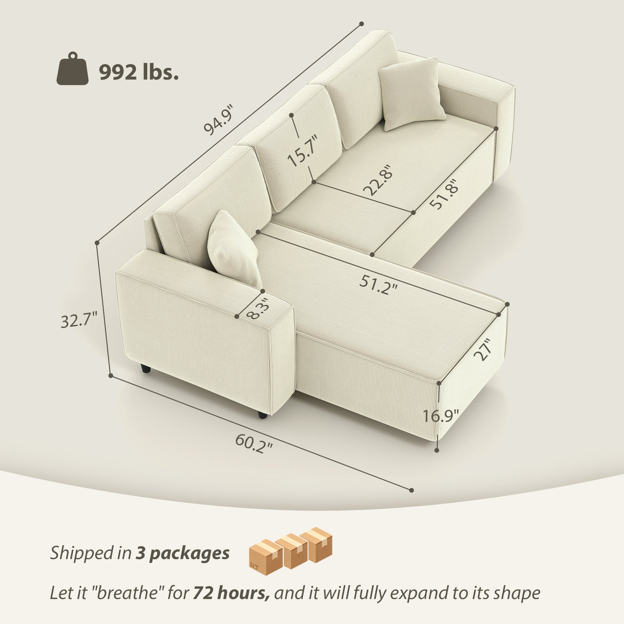 HOMCOM Corner Sofa with Reversible Chaise Lounge, Corduroy L-Shaped Sectional Sofa with Pocket Spring, Cream White