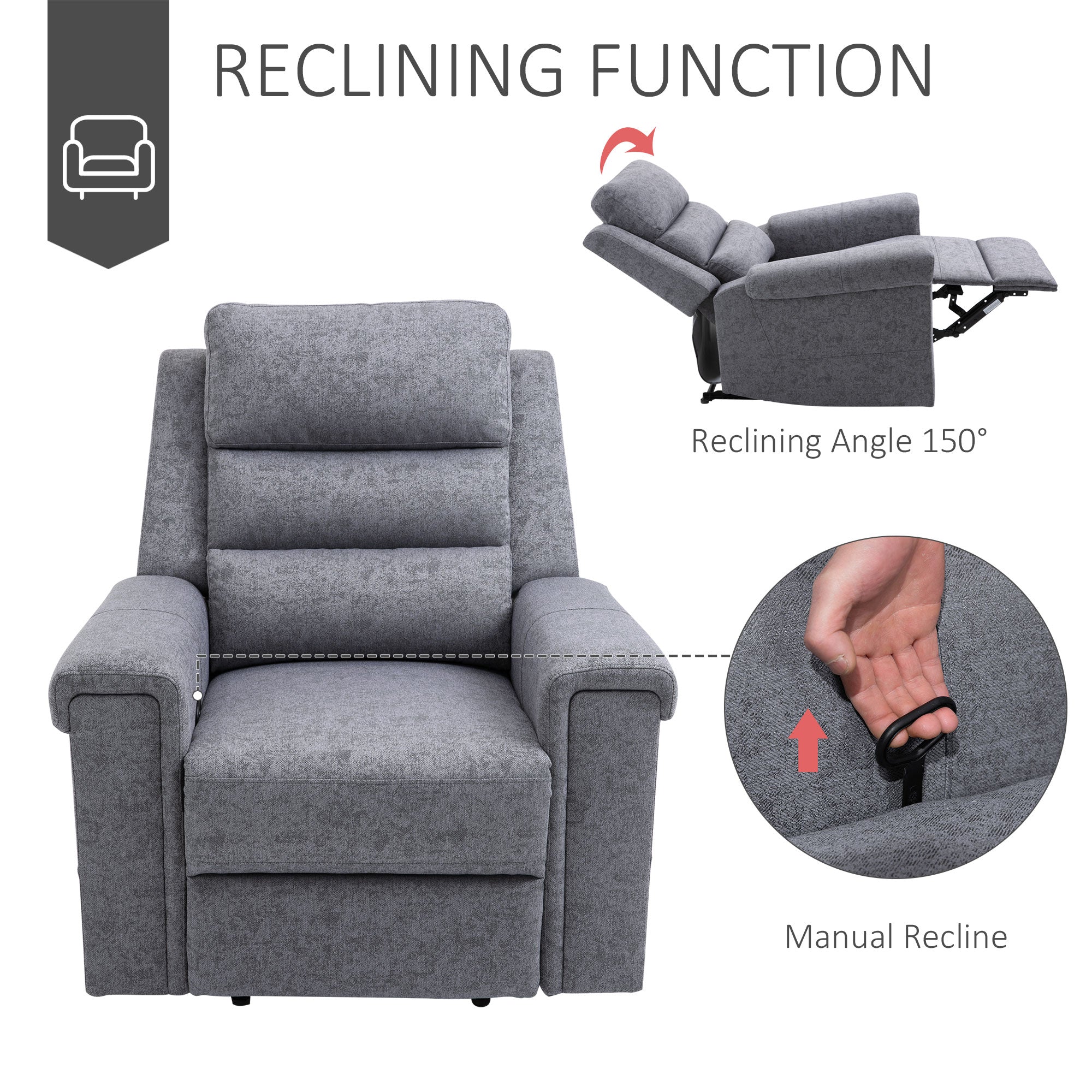 HOMCOM Modern Recliner Chair Linen Fabric Single Sofa Home Theater Seating with Overstuffed Armrest and Back, Grey