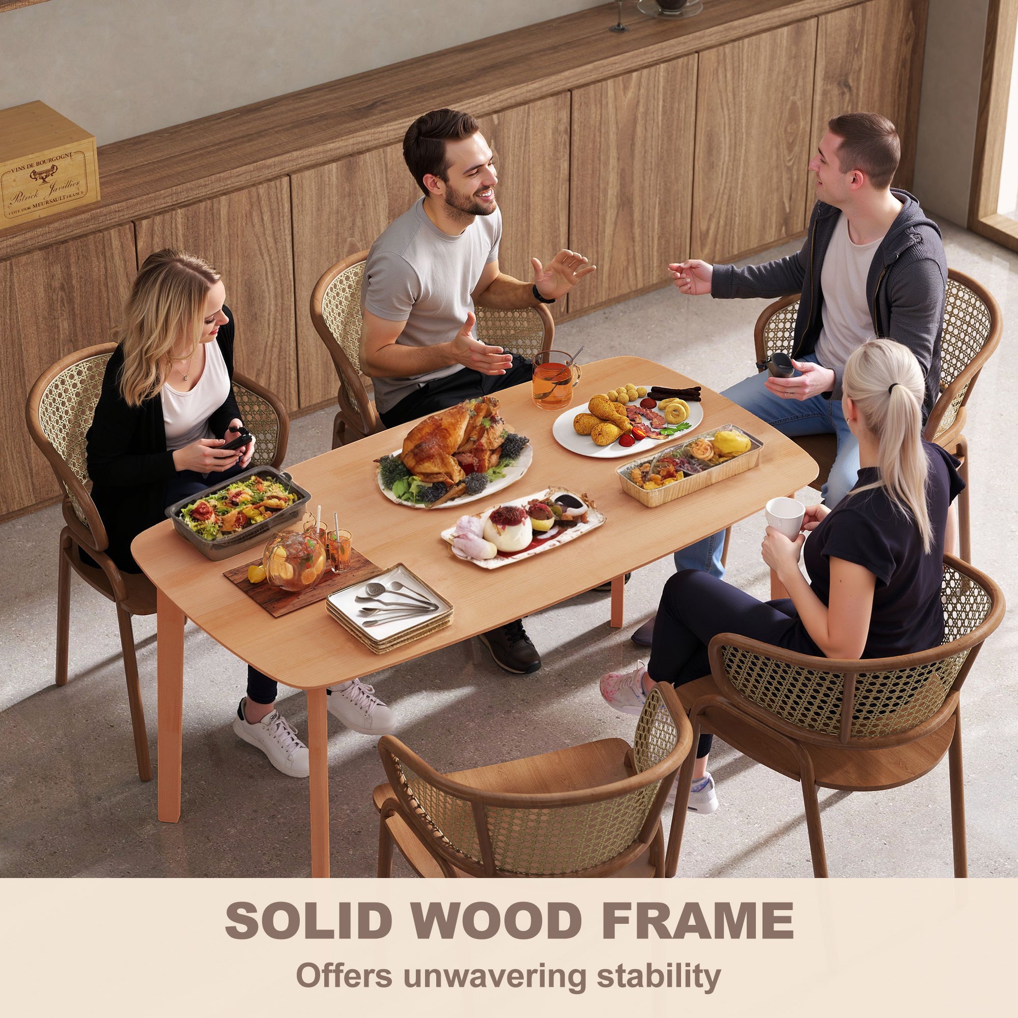 HOMCOM Pine Wood Dining Table for 6, 59" Rustic Rectangular Kitchen Table with Large Tabletop for Dining Room, Natural