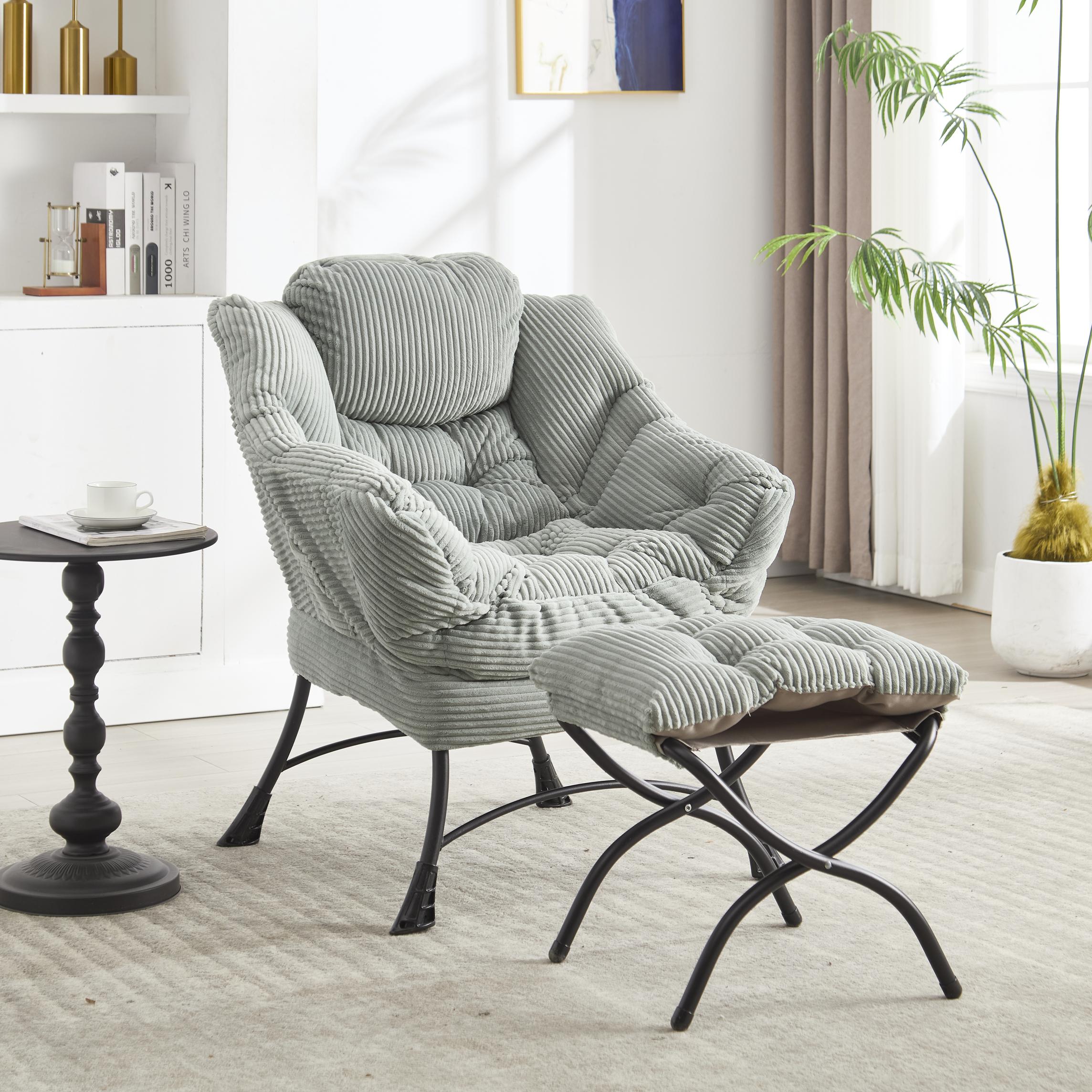 Modern Lazy Chair with Ottoman, Armrests, Side Pocket, Ergonomic Lounge Accent Chair with Steel Frame, 31.5" L x 25" W x 37.5" H, Navy Blue