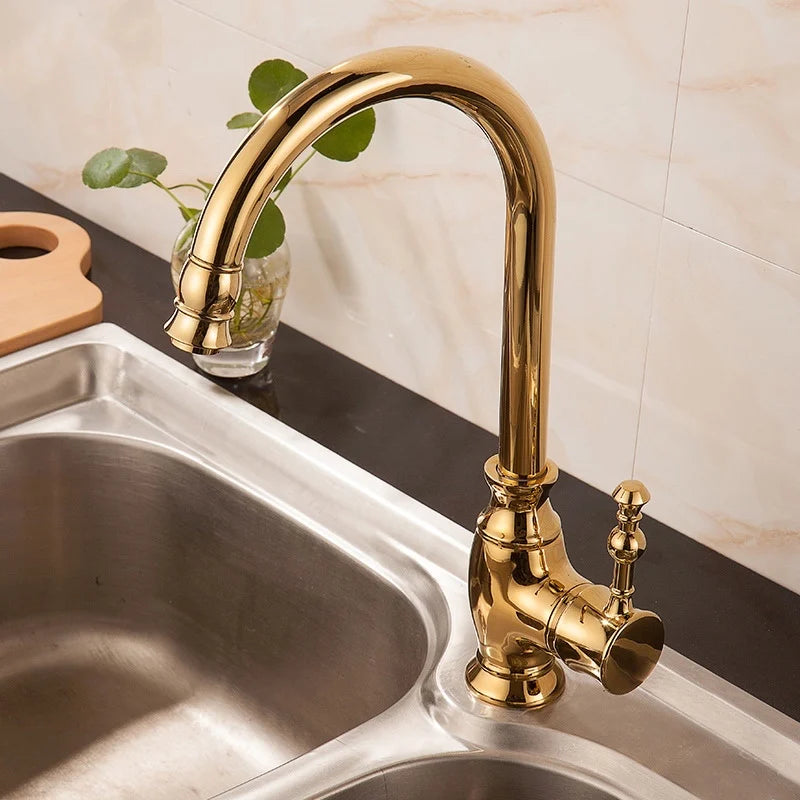 European Antique Golden Kitchen Washbasin Faucet Hot and Cold Copper Sink Kitchen Faucet