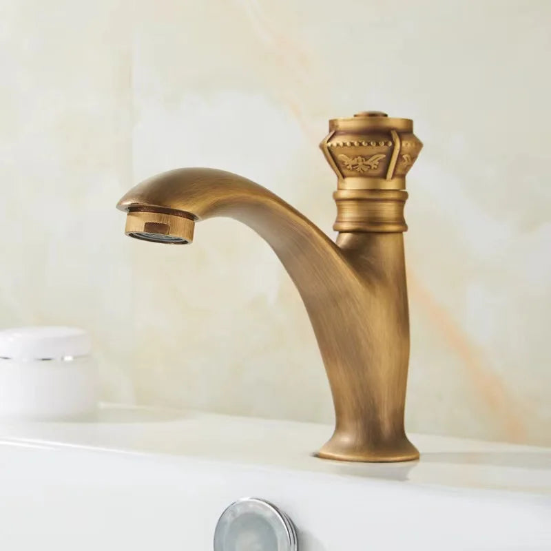 All Copper European Antique Carved Single Cold Faucet Single Hole Cold Water Basin Balcony Laundry Tub