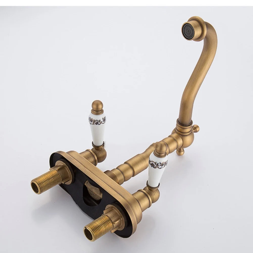 Antique Copper Double Hole Basin Faucet Wash Basin Rotating Faucet